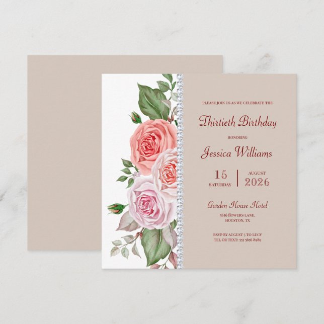Feminine Floral & Diamond 30th Birthday Invitation (Front/Back)