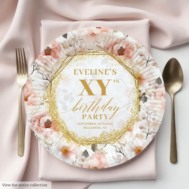 Feminine Floral Ivory Gold Birthday Paper Plates (Feminine Floral Ivory Gold Birthday Paper Plates

)