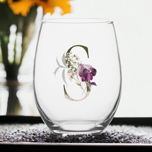Feminine Floral Monogram Initial S Stemless Wine Glass
