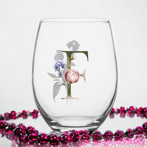 Feminine Floral Monogram Initial The Letter F Stemless Wine Glass