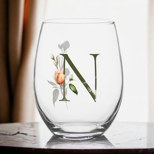 Feminine Floral Monogram Initial The Letter N Stemless Wine Glass