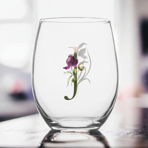 Feminine Floral Monogram Letter J Stemless Wine Glass