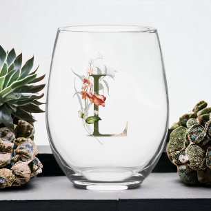 Feminine Floral Monogram Letter L Stemless Wine Glass