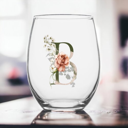 Feminine Floral Monogram The Letter B Stemless Wine Glass
