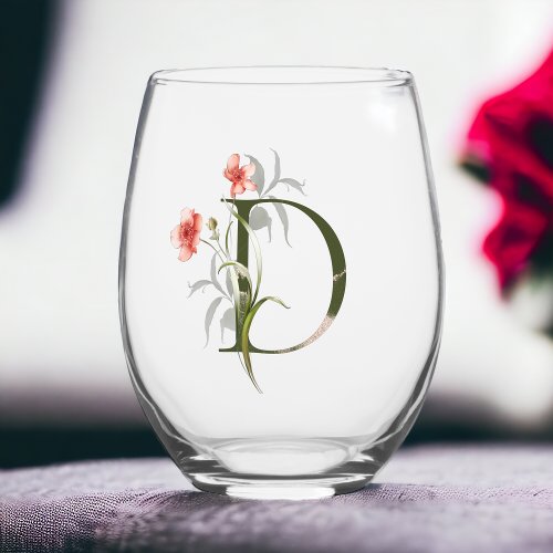Feminine Floral Monogram The Letter D Stemless Wine Glass