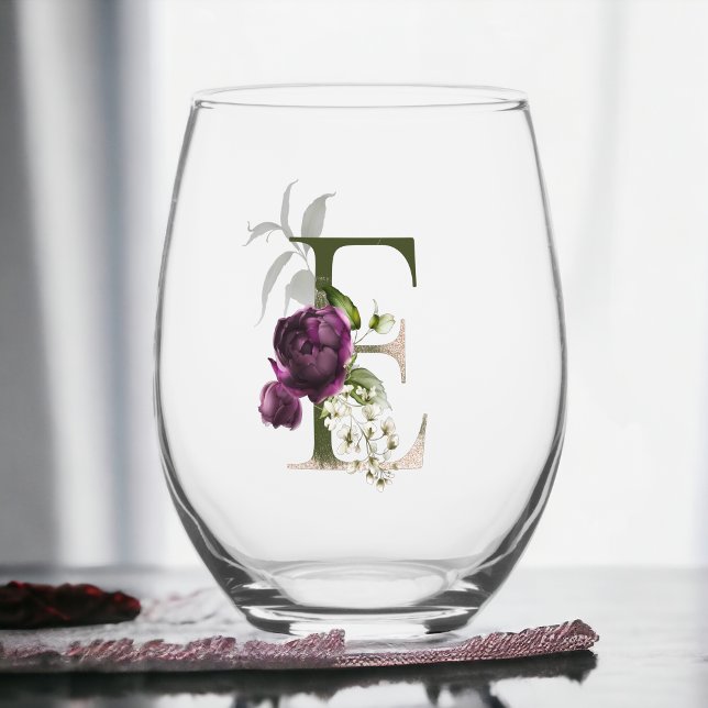Feminine Floral Monogram The Letter E Stemless Wine Glass (Creator Uploaded)