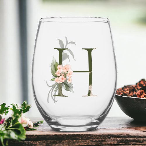 Feminine Floral Monogram The Letter H Stemless Wine Glass