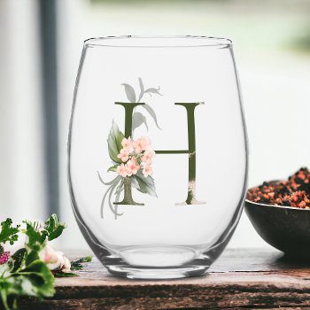 Feminine Floral Monogram The Letter H Stemless Wine Glass by DancingPelican at Zazzle