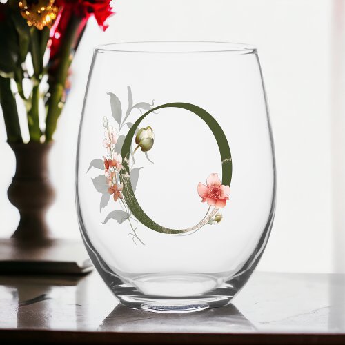 Feminine Floral Monogram The Letter O Stemless Wine Glass