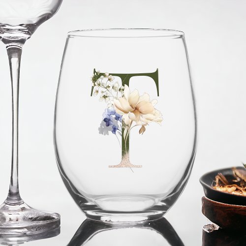 Feminine Floral Monogram The Letter T Stemless Wine Glass