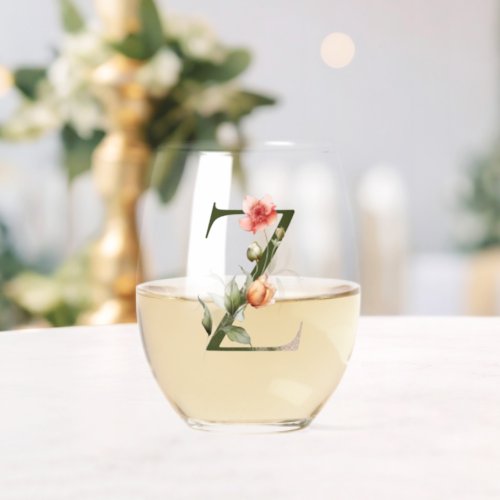 Feminine Floral Monogram The Letter Z Stemless Wine Glass