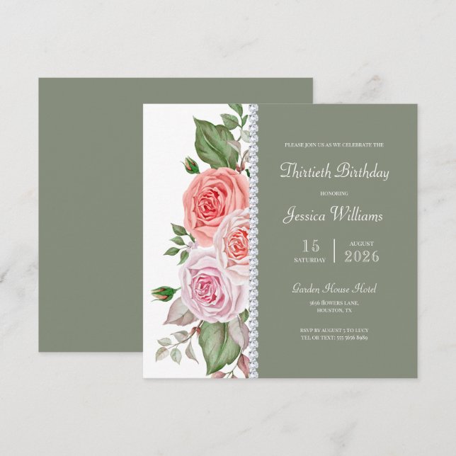 Feminine Floral, Sage & Diamond 30th Birthday Invitation (Front/Back)