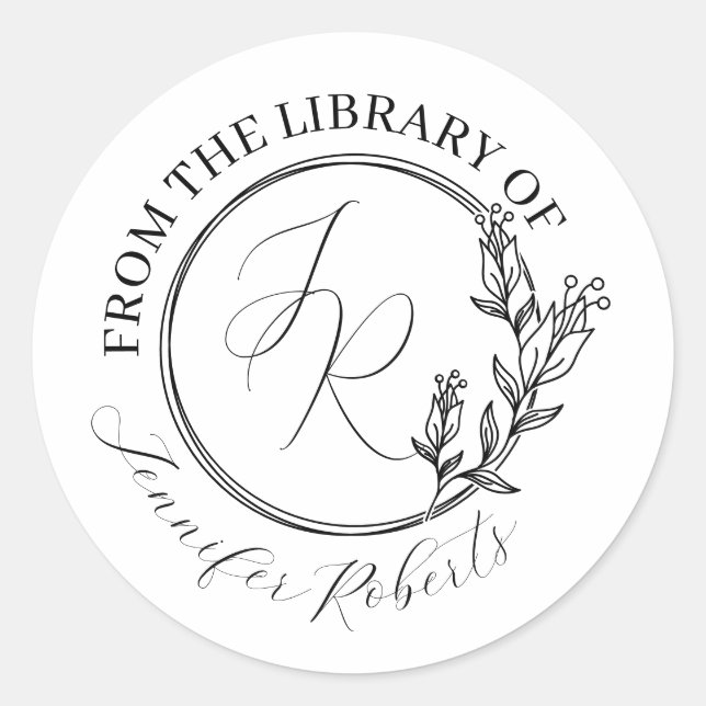 Feminine Floral Script Initials Library Bookplate (Front)