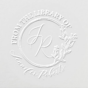 Feminine Floral Script Initials Library Bookplate Embosser