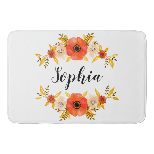 Feminine Floral Watercolor Wreath Custom Text Bathroom Mat (Front)