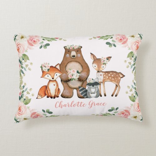 Feminine Floral Woodland  Forest Animals Nursery Accent Pillow