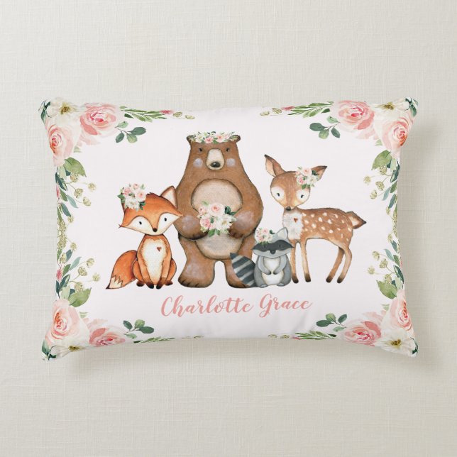 Feminine Floral Woodland / Forest Animals Nursery Accent Pillow (Front)