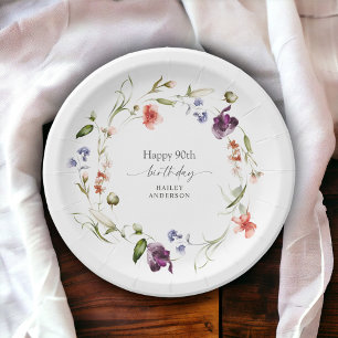 Feminine Floral Wreath Happy 90th Birthday Paper Plates