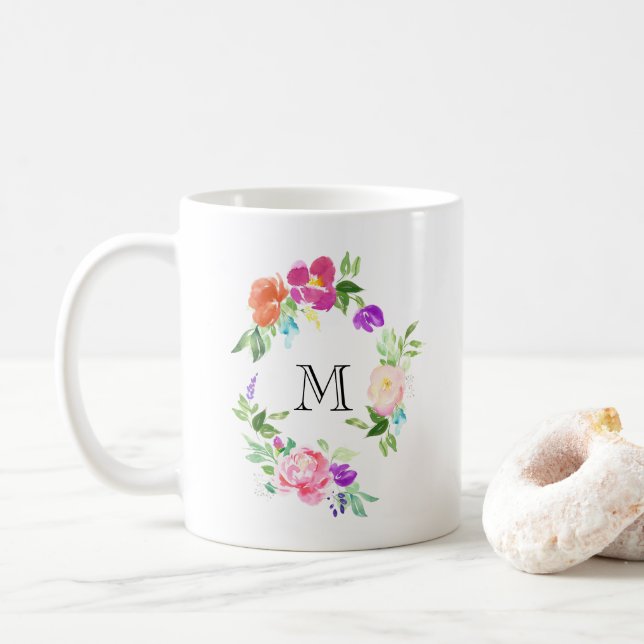 Feminine Floral Wreath Personalized Monogram Coffee Mug (With Donut)
