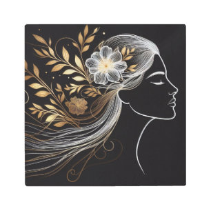 Feminine Flow: Gold Botanicals on Black Metal Print