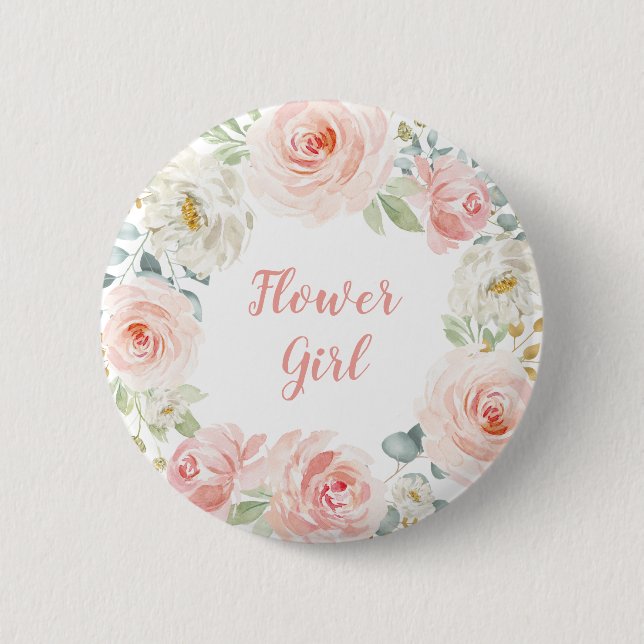 Feminine Flower Girl Blush Pink Watercolor Floral Button (Front)