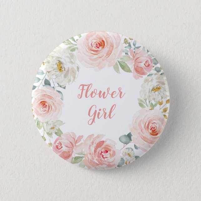 Feminine Flower Girl Blush Pink Watercolor Floral Button (Front)
