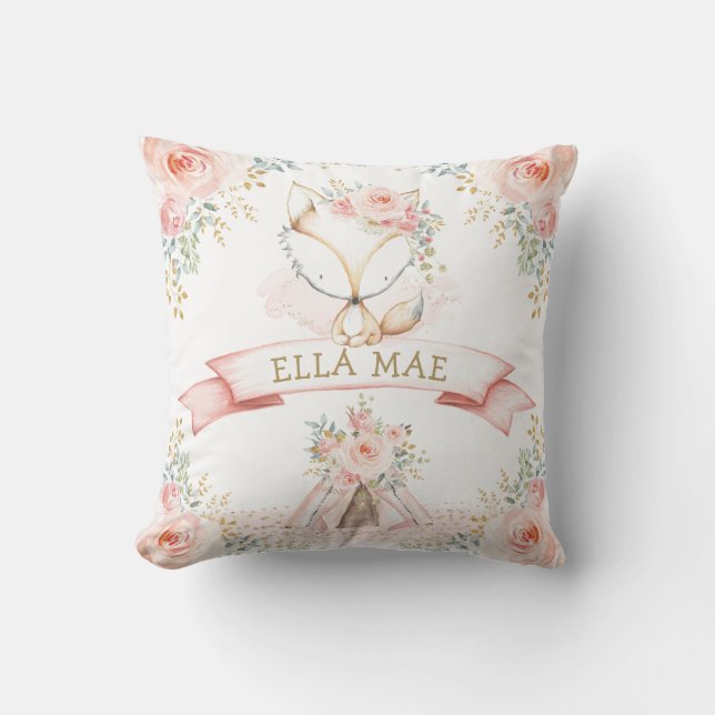 Feminine Fox Blush Floral Boho Woodland Nursery Throw Pillow (Front)