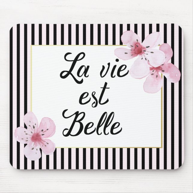 Feminine French Pink and Black Stripes and Flowers Mouse Pad (Front)