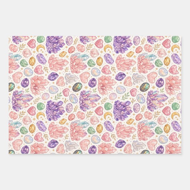 Feminine Gemstone Seamless Pattern Wrapping Paper Sheets (Front)