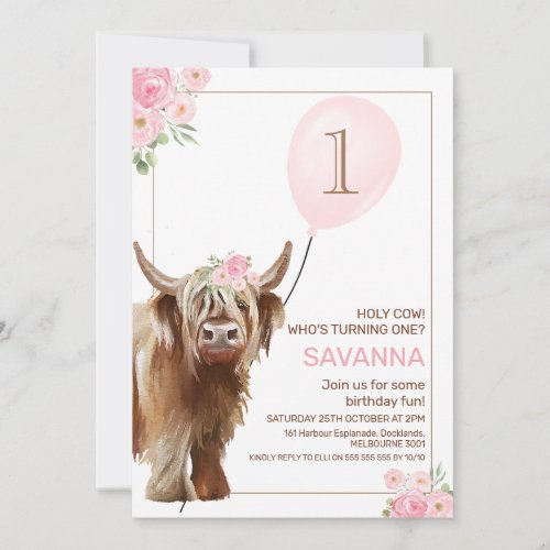 Feminine Girls Holy Cow Balloon 1st Birthday Invitation