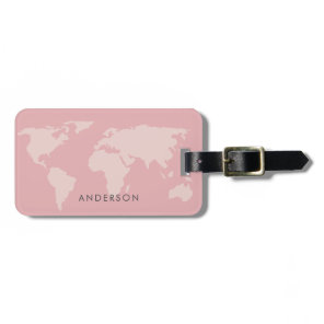 FEMININE GIRLY BLUSH PINK ROSE GOLD WORLD MAP LUGGAGE TAG