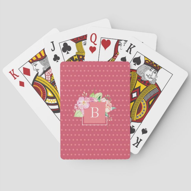 Feminine Girly Chic Monogrammed Pink Floral Poker Cards (Back)