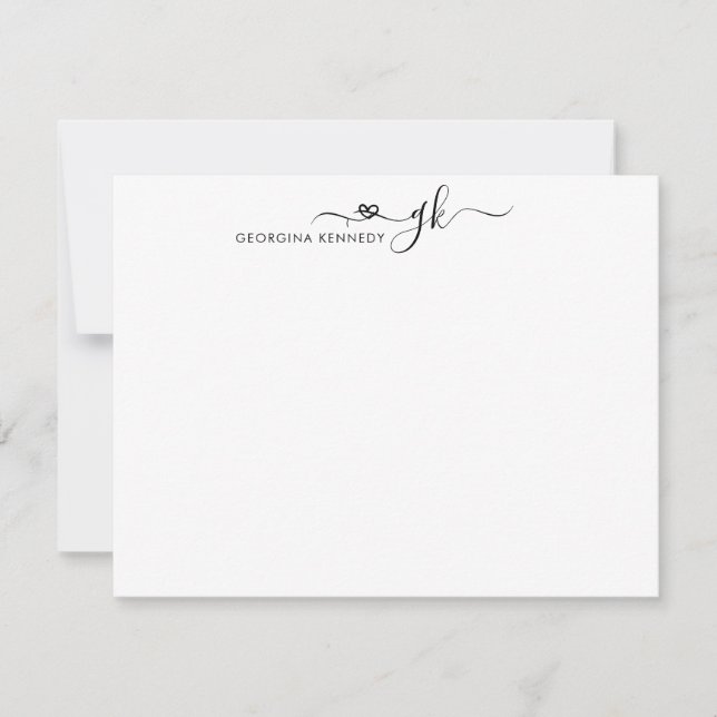 Feminine Girly Heart Script 2 Monogram Initial Note Card (Front)