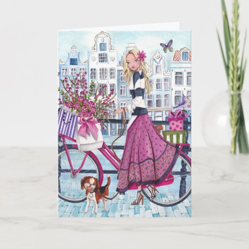 Feminine Girly pink biking in Amsterdam Card