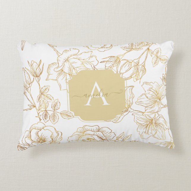 Feminine glam modern gold floral monogram name  accent pillow (Front)