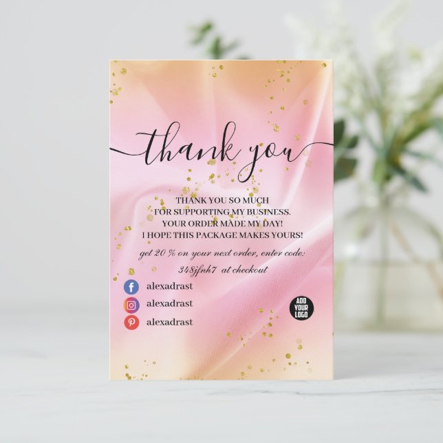 Feminine Gold and Pink Glitter Thank You Card (Standing Front)