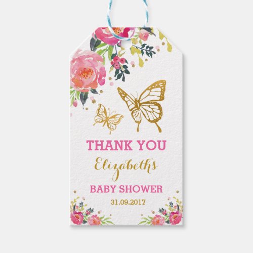 Feminine Gold Butterfly Hot Pink Watercolor Floral Gift Tags
