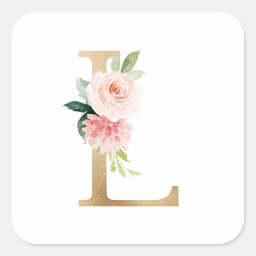 Feminine Gold Foil Blush Floral Letter L Monogram Square Sticker