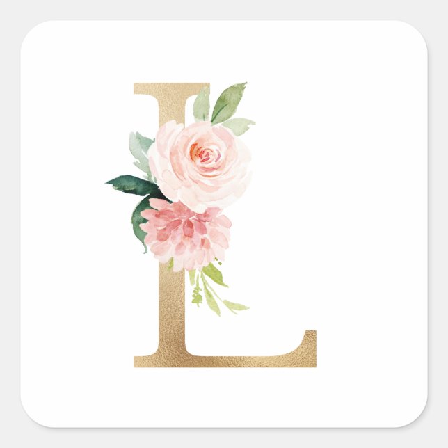 Feminine Gold Foil Blush Floral Letter L Monogram Square Sticker (Front)
