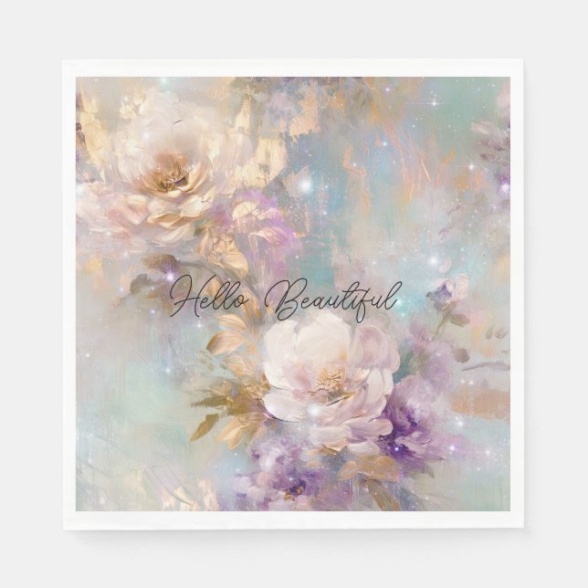 Feminine Gold Purple White Flowers Napkins (Front)