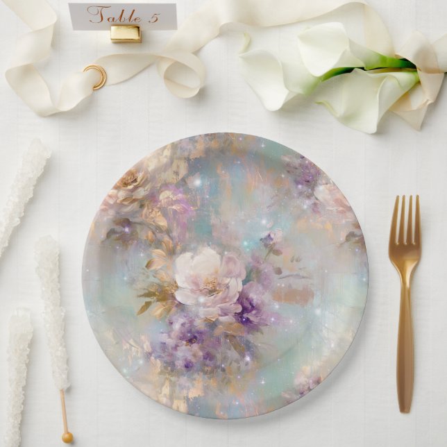 Feminine Gold Purple White Flowers Paper Plates (Wedding)