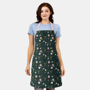 Feminine Gold Vintage Scissor Floral Patten Green Apron