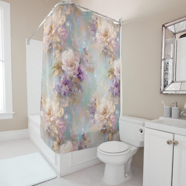 Feminine Gold White Flowers Shower Curtain (In Situ)