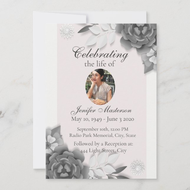 Feminine Gray Pink Floral Celebration of Life  Invitation (Front)