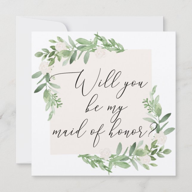 Feminine greenery and blush Maid of Honor Card (Front)