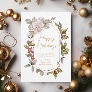 Feminine Holly Evergreens and Roses Corporate Holiday Card