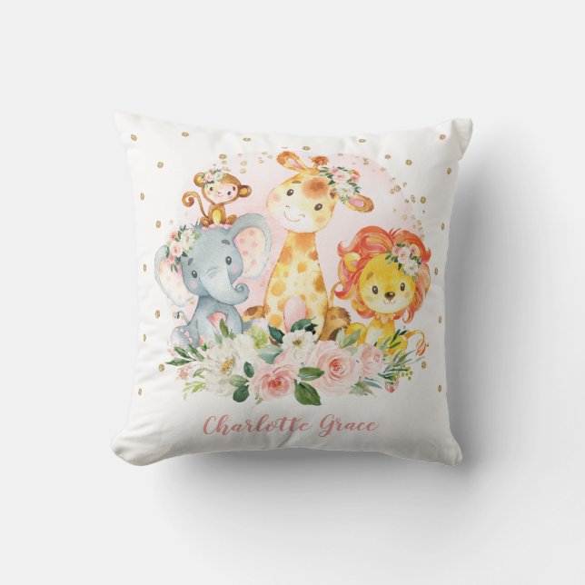 Feminine Jungle Animals Blush Floral Nursery Throw Pillow (Front)