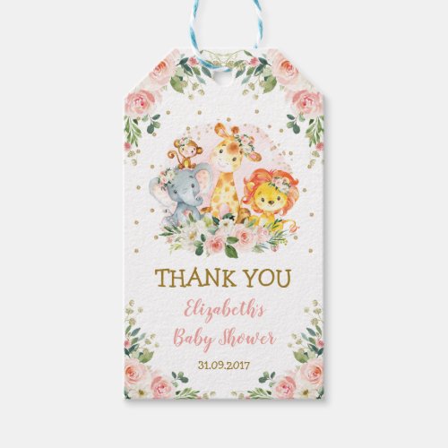 Feminine Jungle Animals Pink Floral Baby Shower Gift Tags