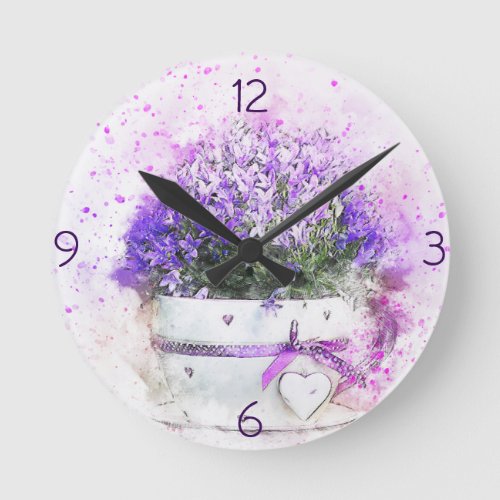 Feminine lavender and purple flowers bouquet round clock