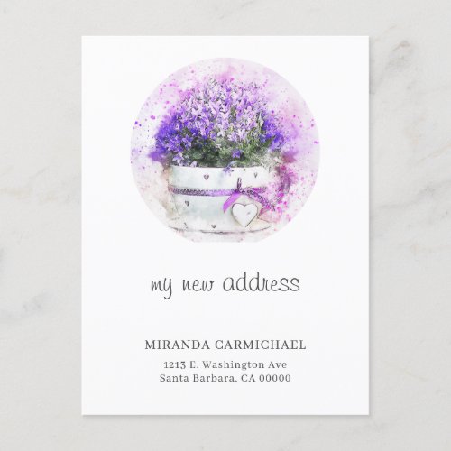 Feminine Lavender  Floral Watercolor New Address Announcement Postcard
